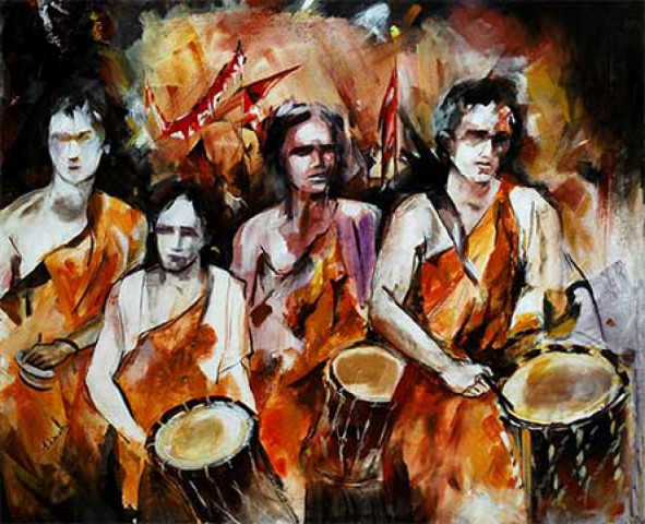 Title: Chande | Medium: Acrylic on Canvas | Size: 32"X28"| Collection: Hotel Palki, Mangalore